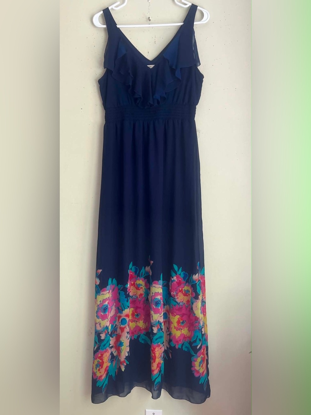 Old Navy Navy Maxi Dress with Bright Floral Border